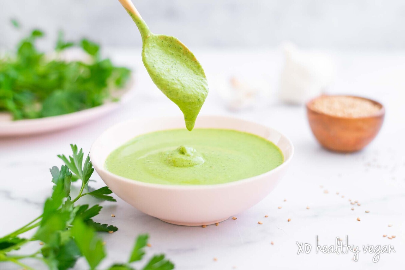 Garlicky Green Tahini Dressing Healthy Vegan with Colleen Holland